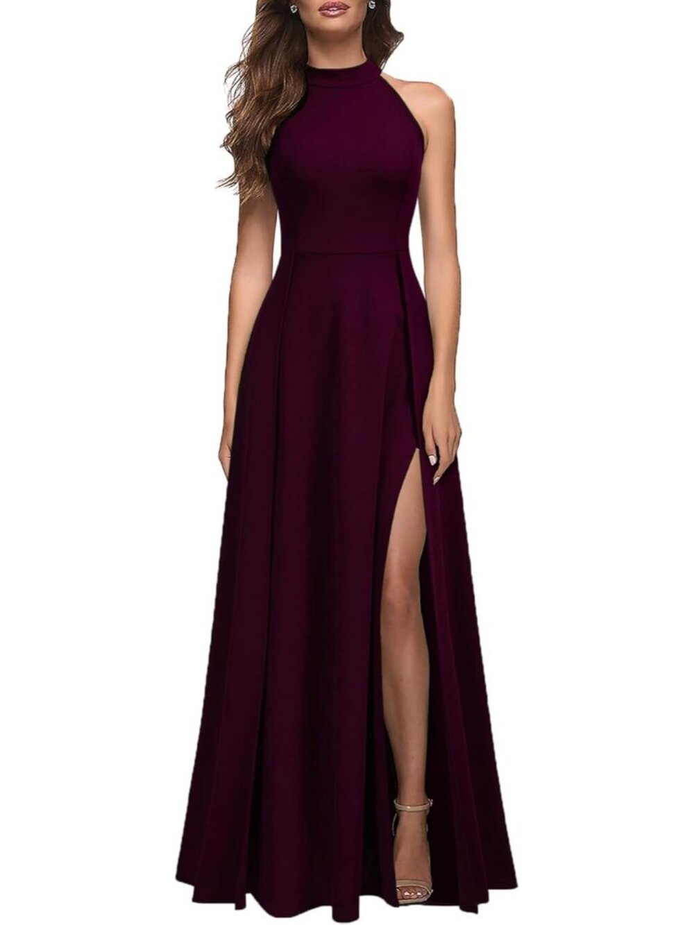 Women's Halter Neck Sexy Split Burgundy Cocktail Party Maxi Long Formal Dress